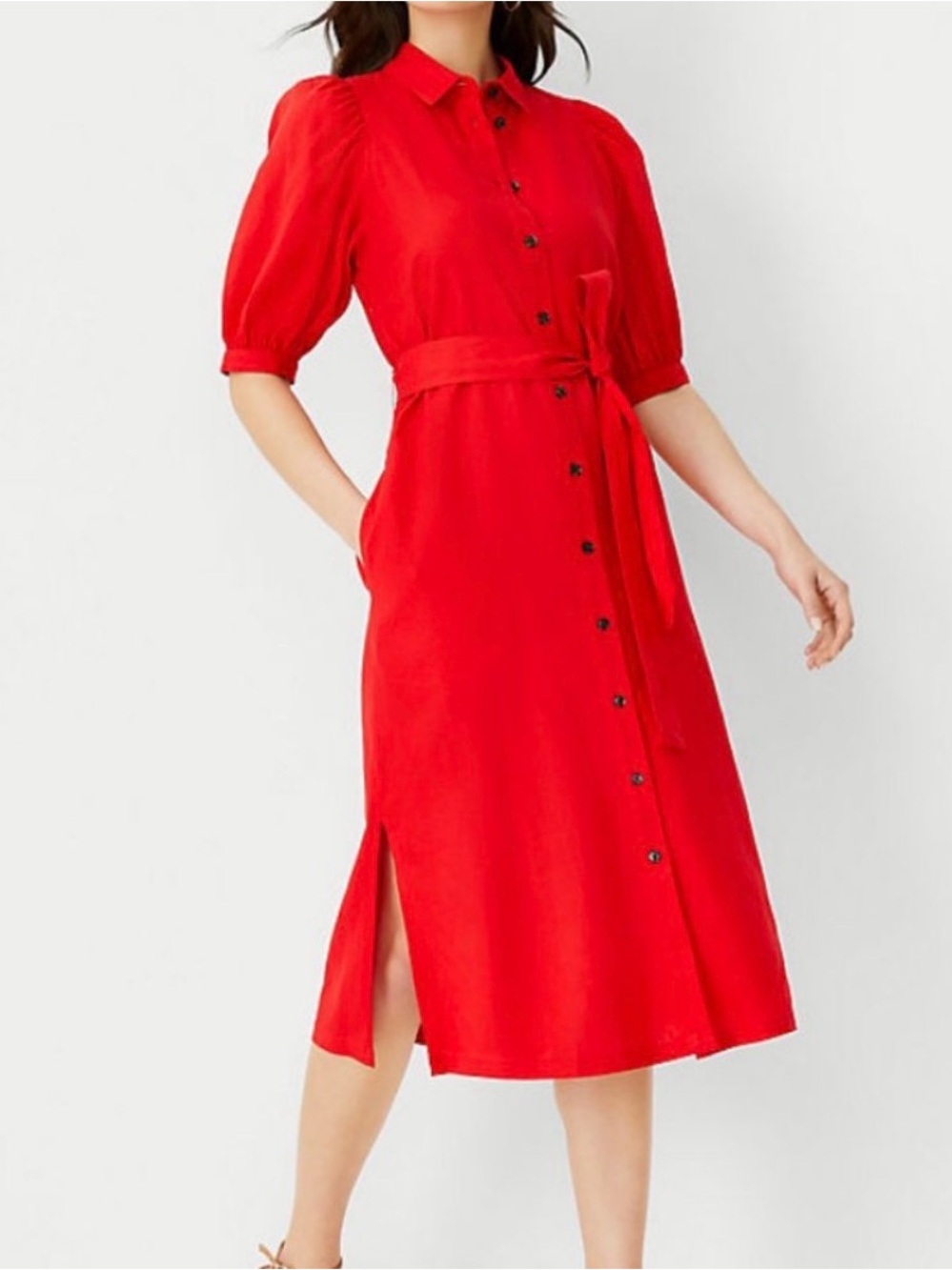 Ann Taylor Red Button-Front Midi Shirt Dress with Tie Waist